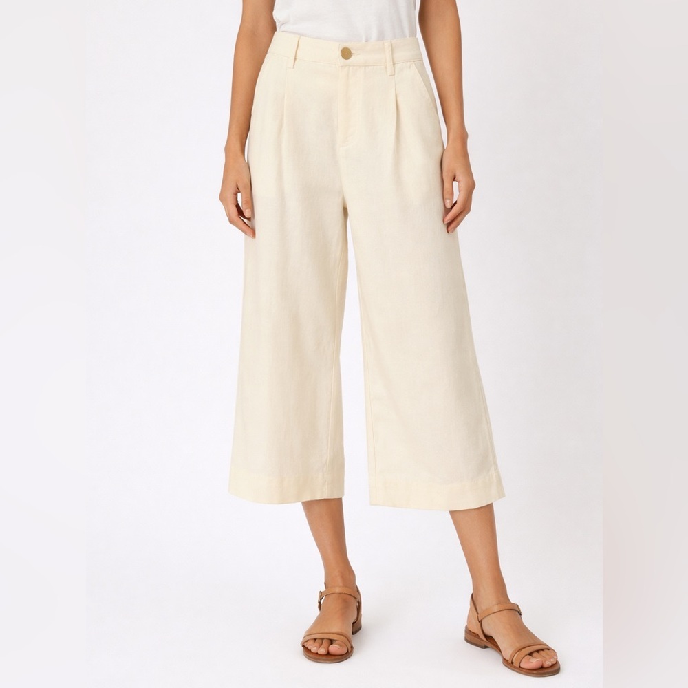 Vince Cropped Wide Leg Pleated Pants Cream Linen Blend Culotte Minimalist Size 6